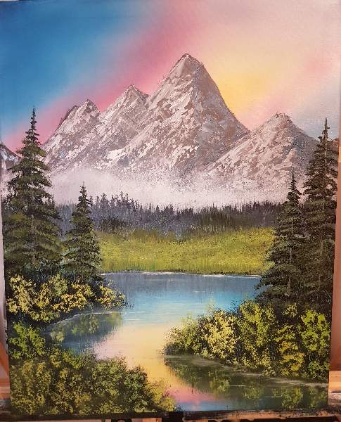 Sunset Bob Ross Inspired| Alaska Reflections Banff Mountains Peaceful Reflections Wall Art Lake Landscape