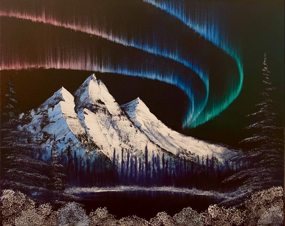 Bob Ross | Bob Ross Signed Original Blue Alaskan Mountain Scene with Cabin  and Northern Lights Contemporary Art (1981) | Artsy