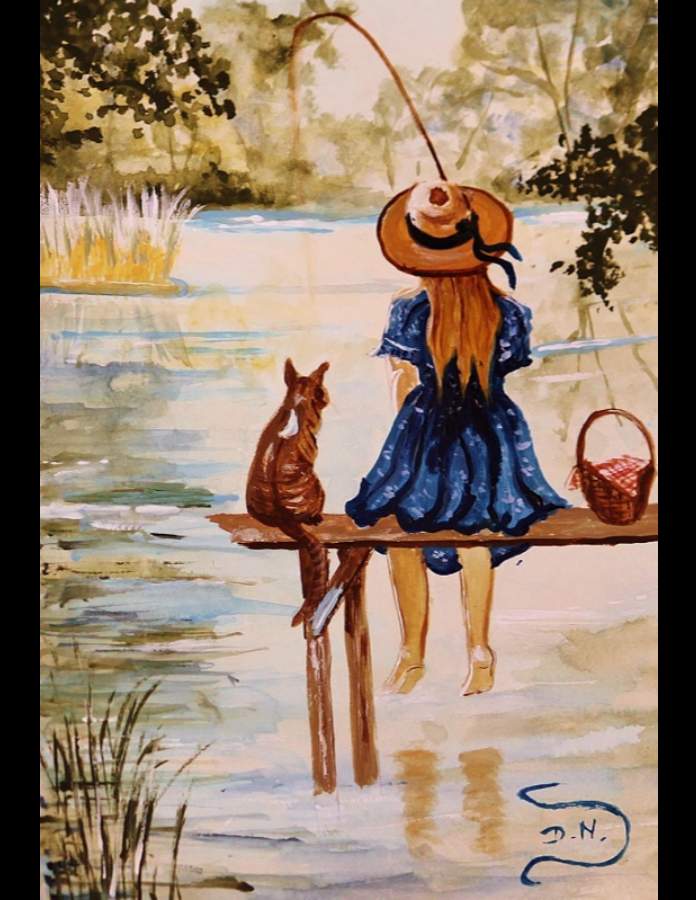 Girl Fishing With Her Cat Child Fishes With Orange Kitty