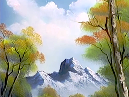 A Bob Ross painting called Autumn Images – the only one is his collection that used the color Indian Red